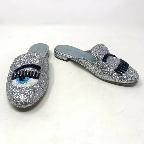 Chiara Ferragni Flirting Silver Glitter Beaded Flat‎ Mules Size 36 / US 6 - Picture 3 of 11